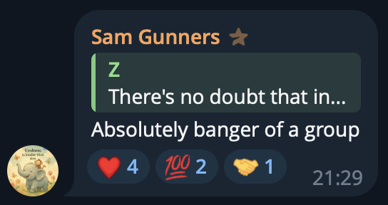 Screenshot of Sam Gunners's message on Telegram, Oct 1, 2026